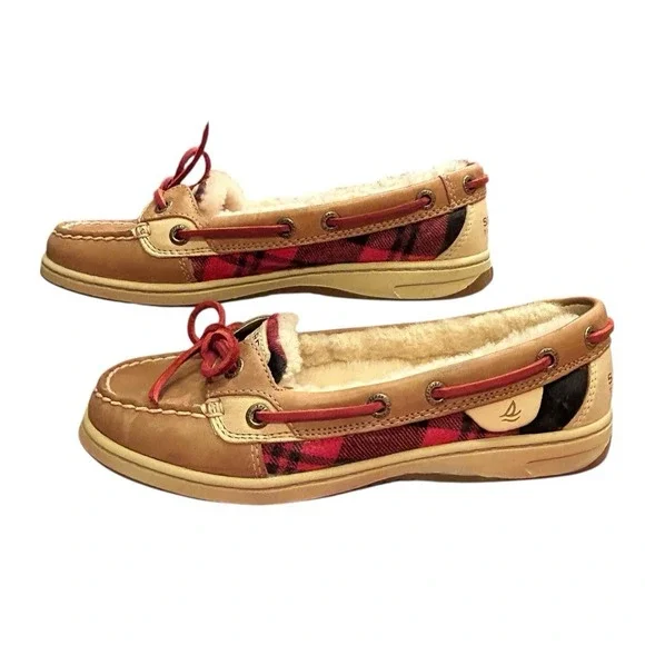 Sperry Top Sider Leather With Lambswool Shoes Womens Size 6M Brown Red Plaid - Picture 6 of 12